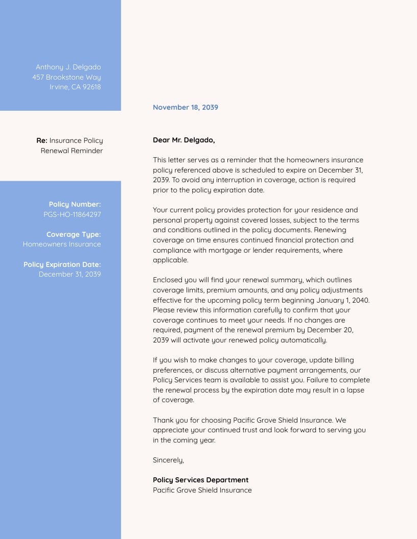 Insurance Renewal Reminder Letter Template