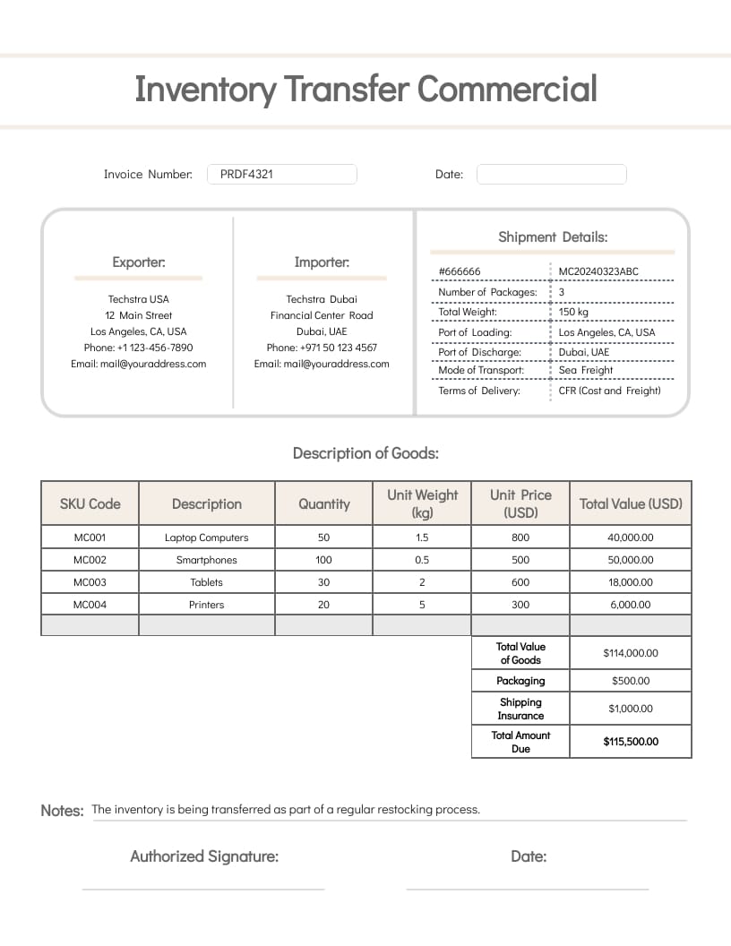Inventory Transfer Commercial Invoice Template