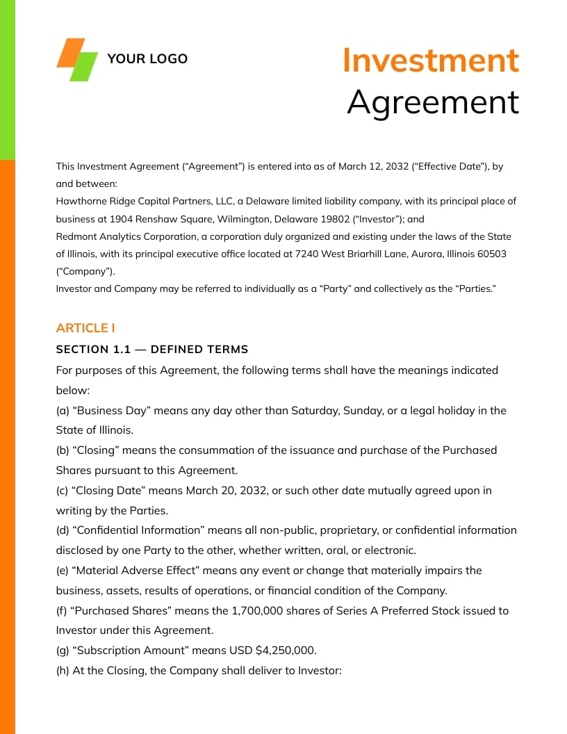 Investment Contract Template
