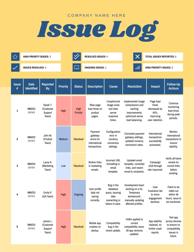 Issue Log Template