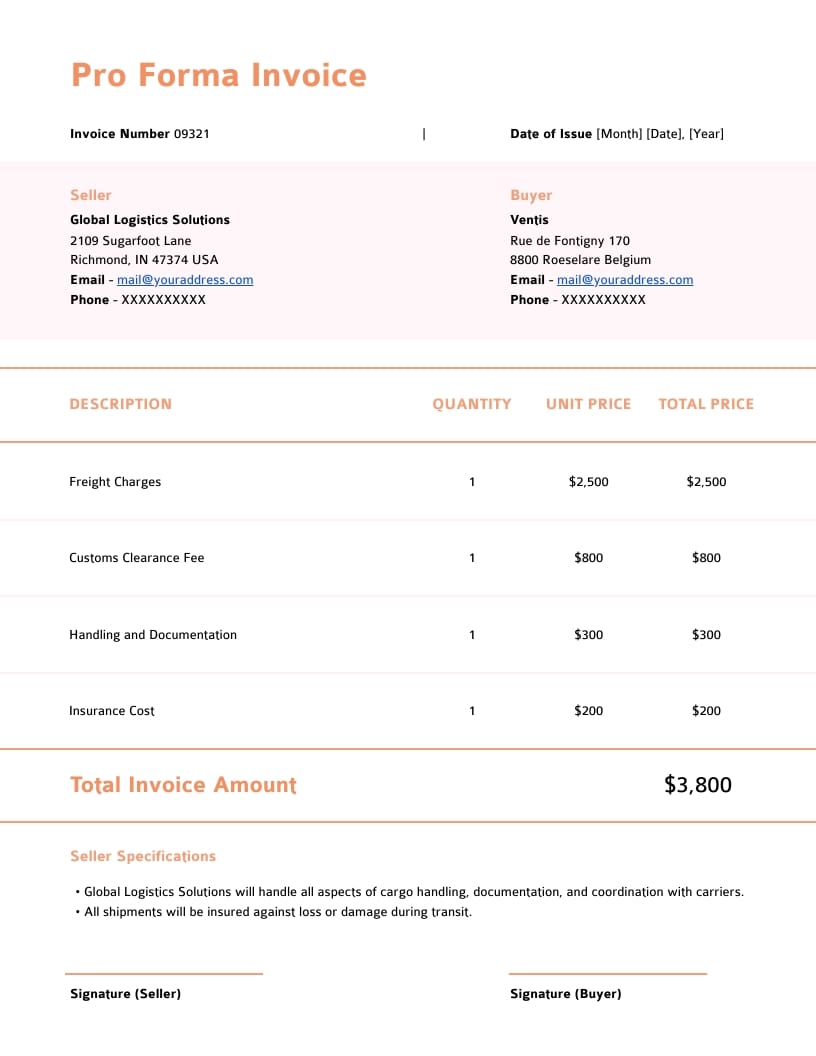 Logistics Pro Forma Invoice Template