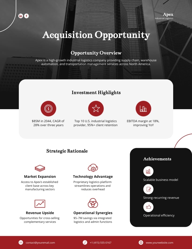 MandA Investment Teaser One Pager Template