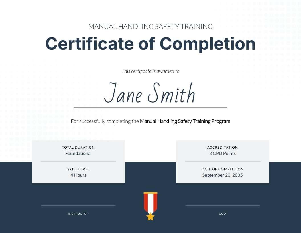 Manual Handling Safety Training Certificate Template