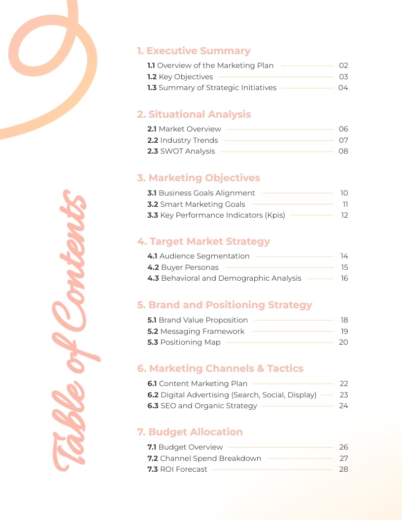 Marketing Plan Table of Contents Template