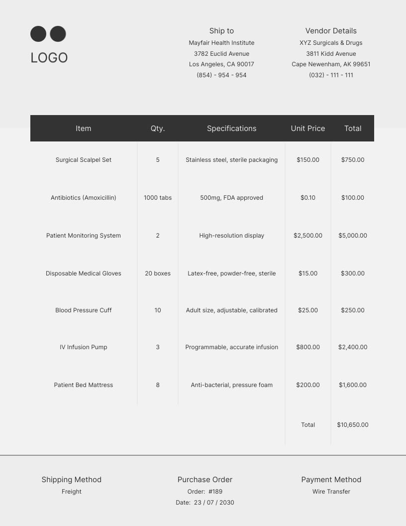 Medical Supplies Purchase Order Template
