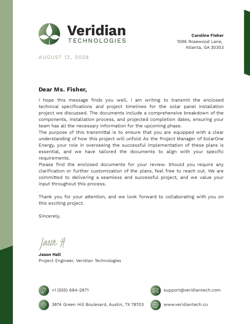 Minimalist Green Transmittal Letter Template