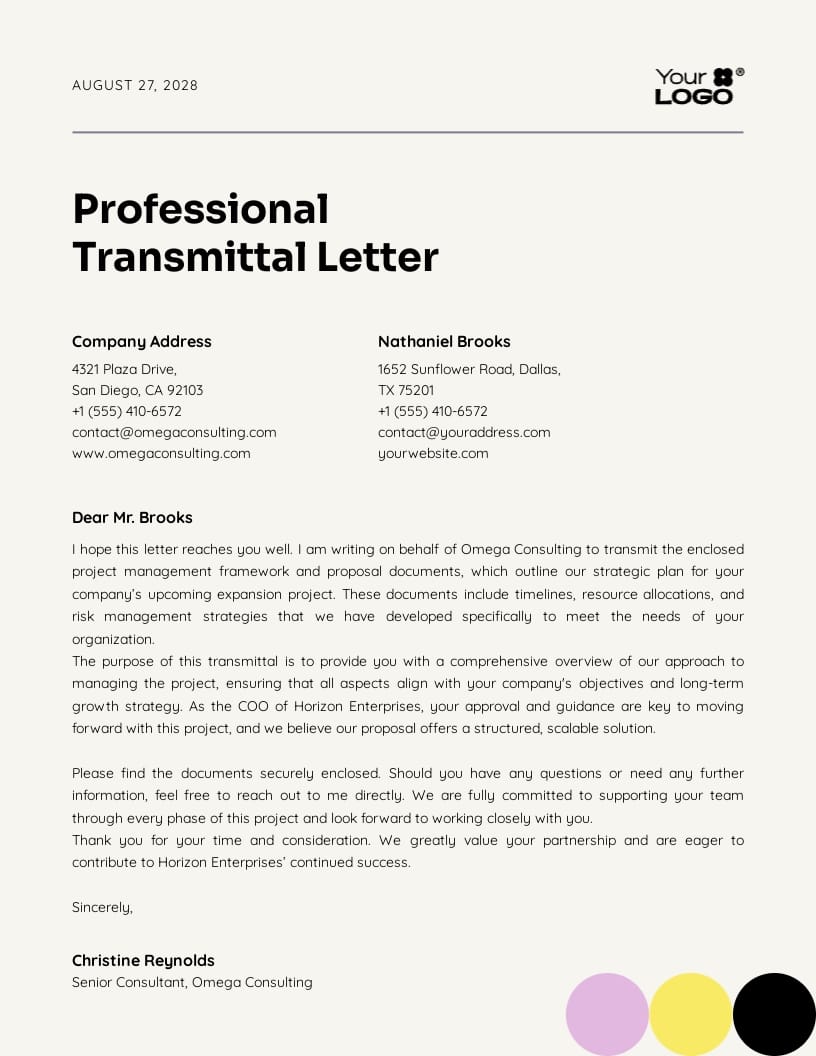 Modern Professional Transmittal Letter Template