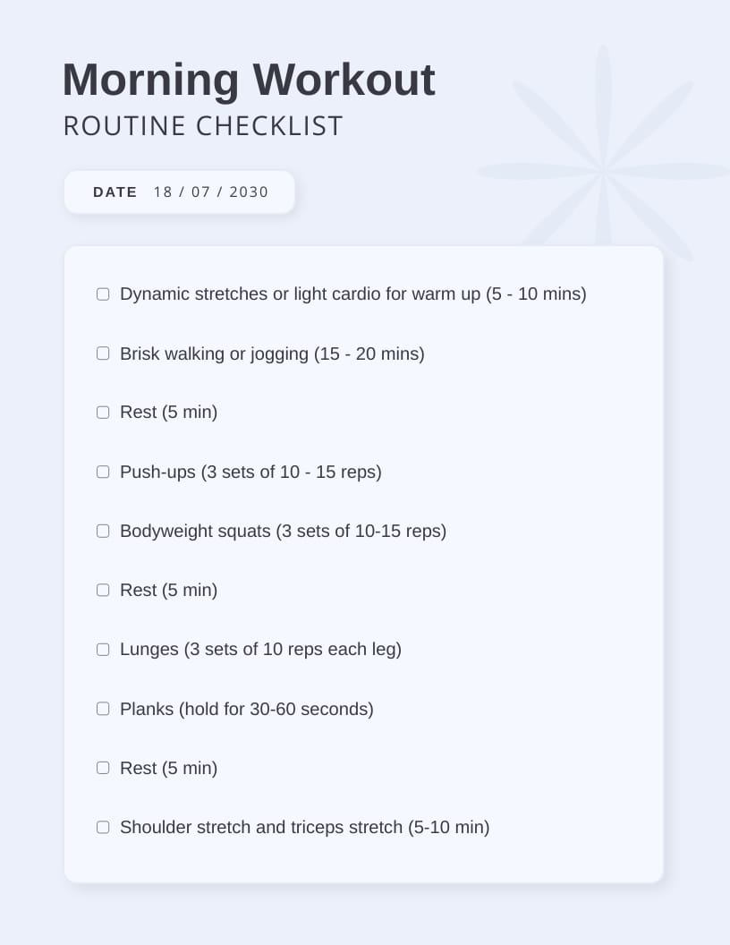 Morning Workout Routine Checklist Template