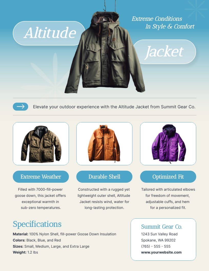 Mountaineering Gear Product Sell Sheet Template