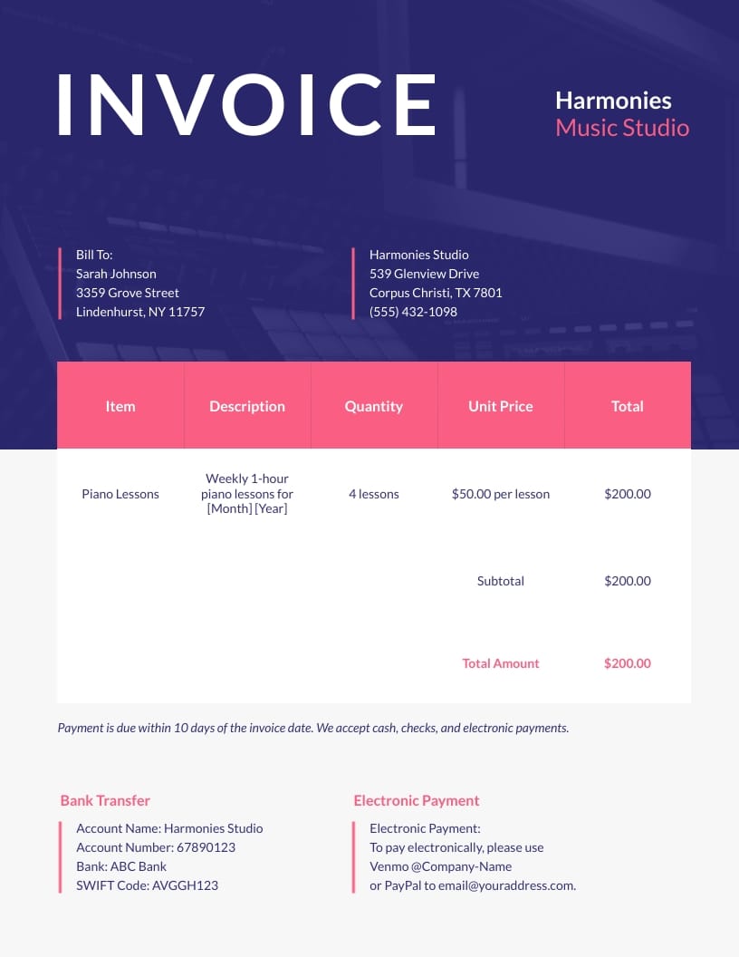 Music Lesson Payment Invoice Template