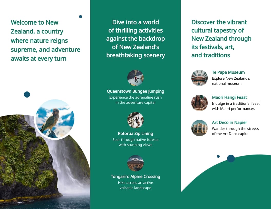 New Zealand Travel Trifold Brochure Template - Slide 2 New Zealand Travel Trifold Brochure Template - Slide 2