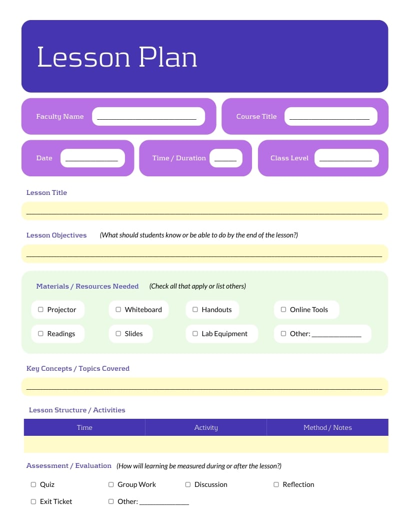 One Pager Lesson Plan Template