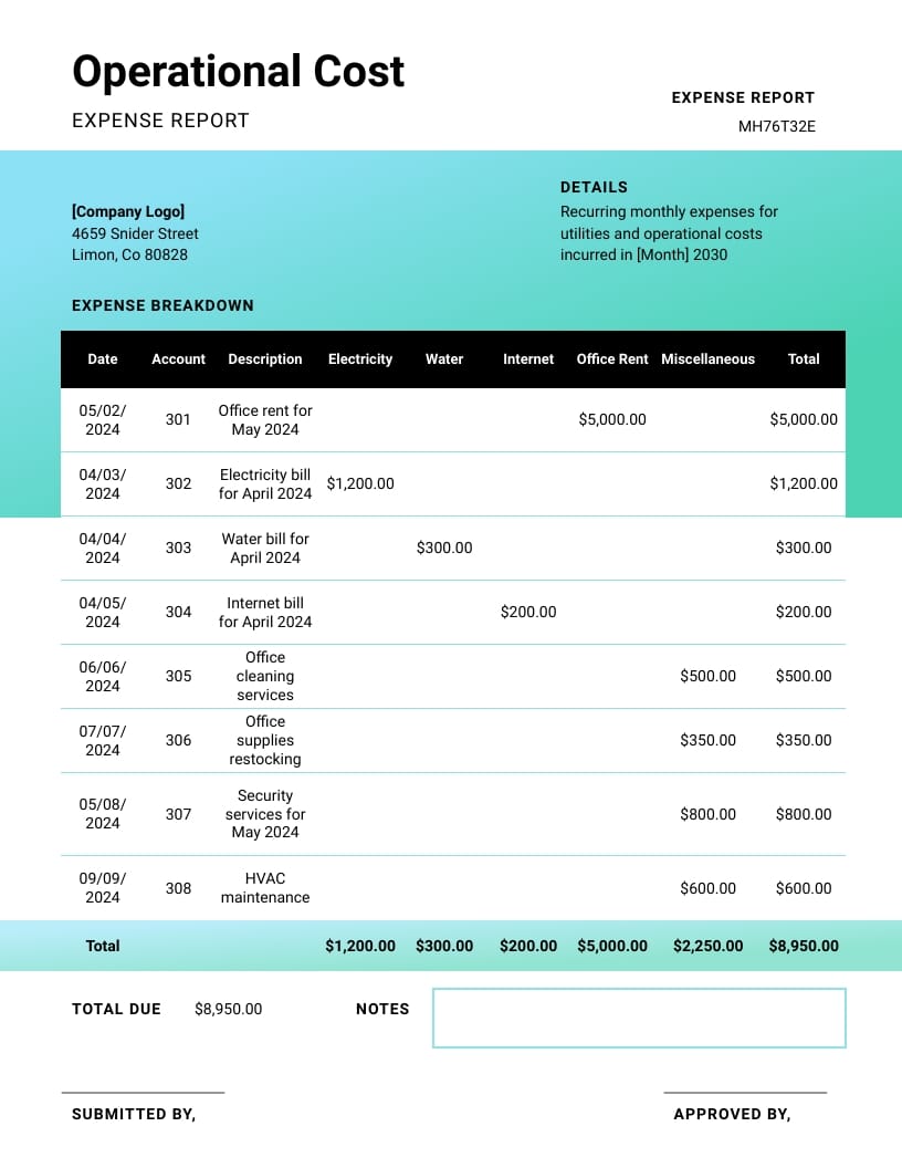 Operational Cost Expense Report Template