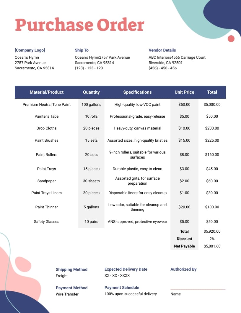 Painting Supplies Purchase Order Template