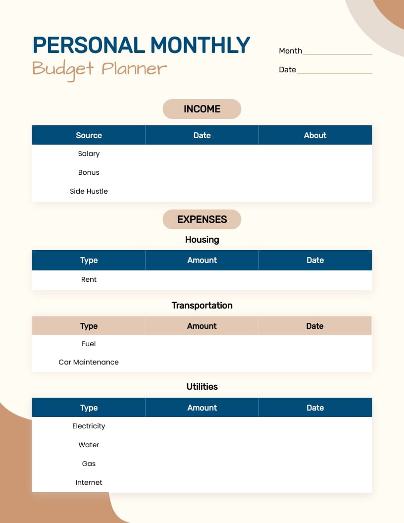 Personal Monthly Budget Planner Template