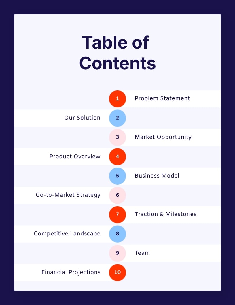 Pitch Document Table of Contents Template