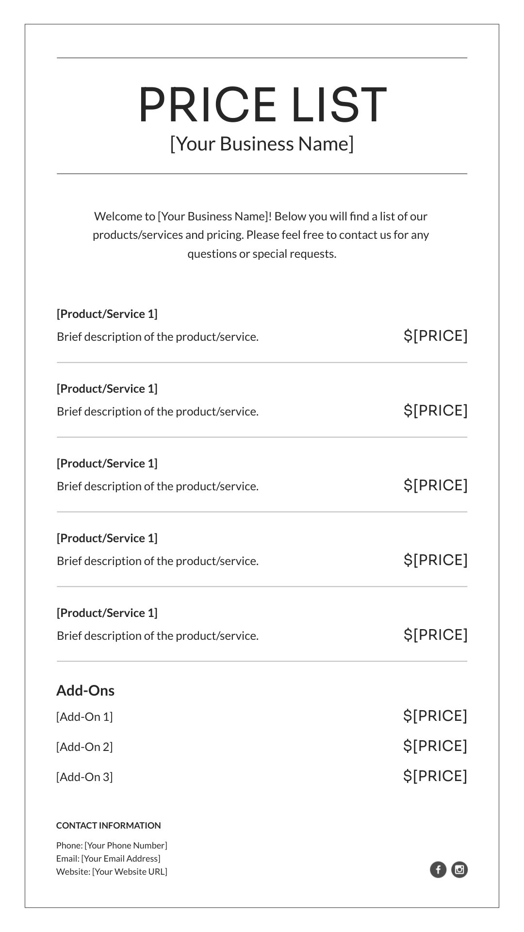 Printable Blank Price List Template