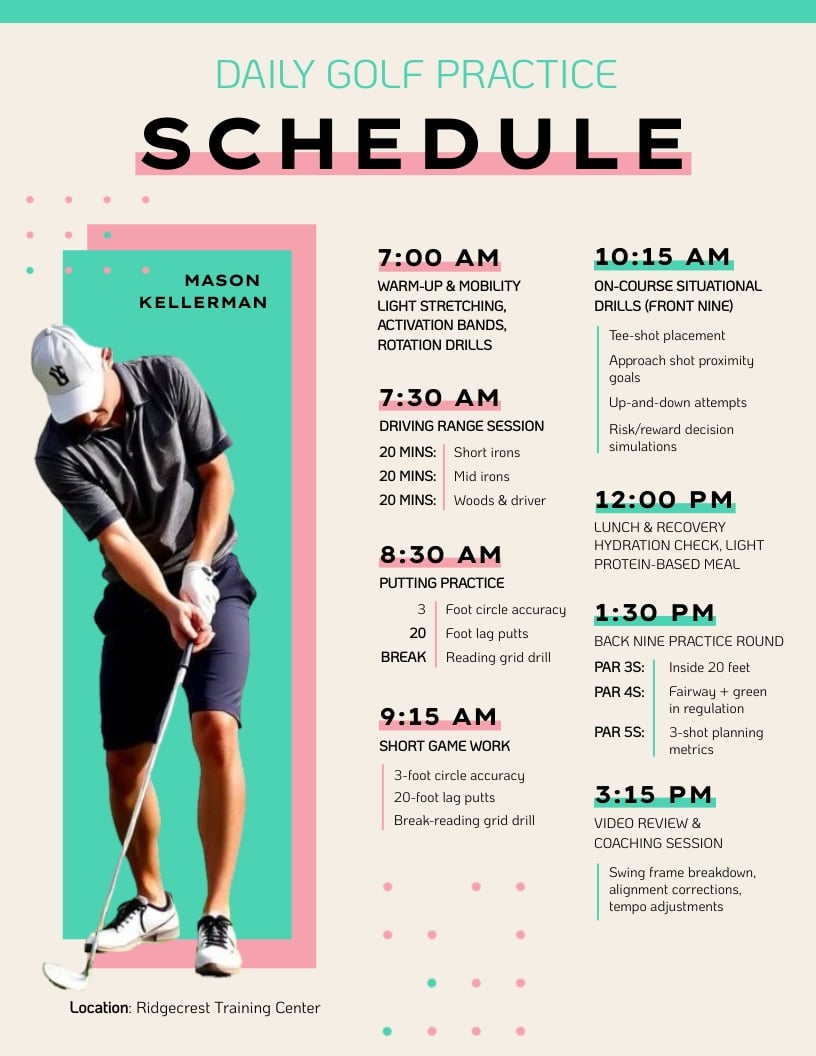 Printable Golf Practice Schedule Template