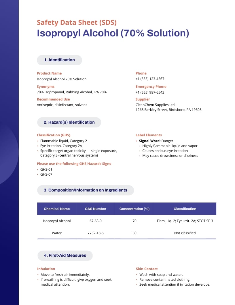 Product Safety Data Sheet Template
