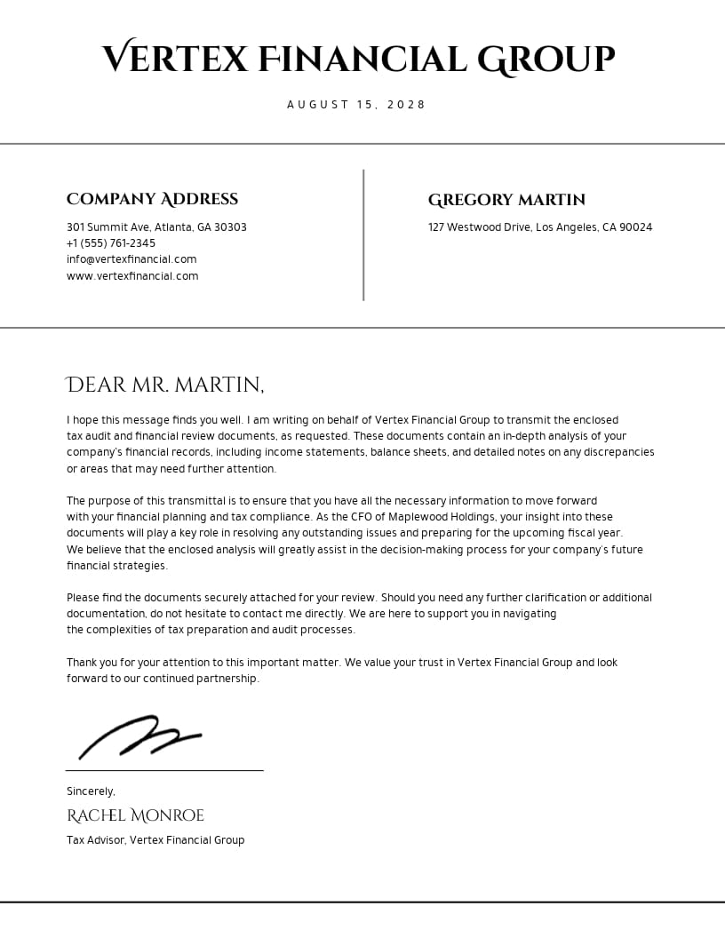 Professional Black and White Transmittal Letter Template