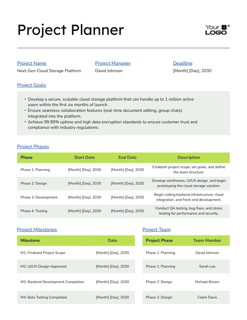 Project Management Planner Template