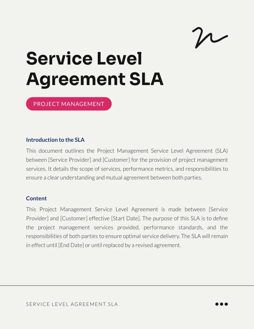 Project Management Service Level Agreement SLA Template Project Management Service Level Agreement SLA Template