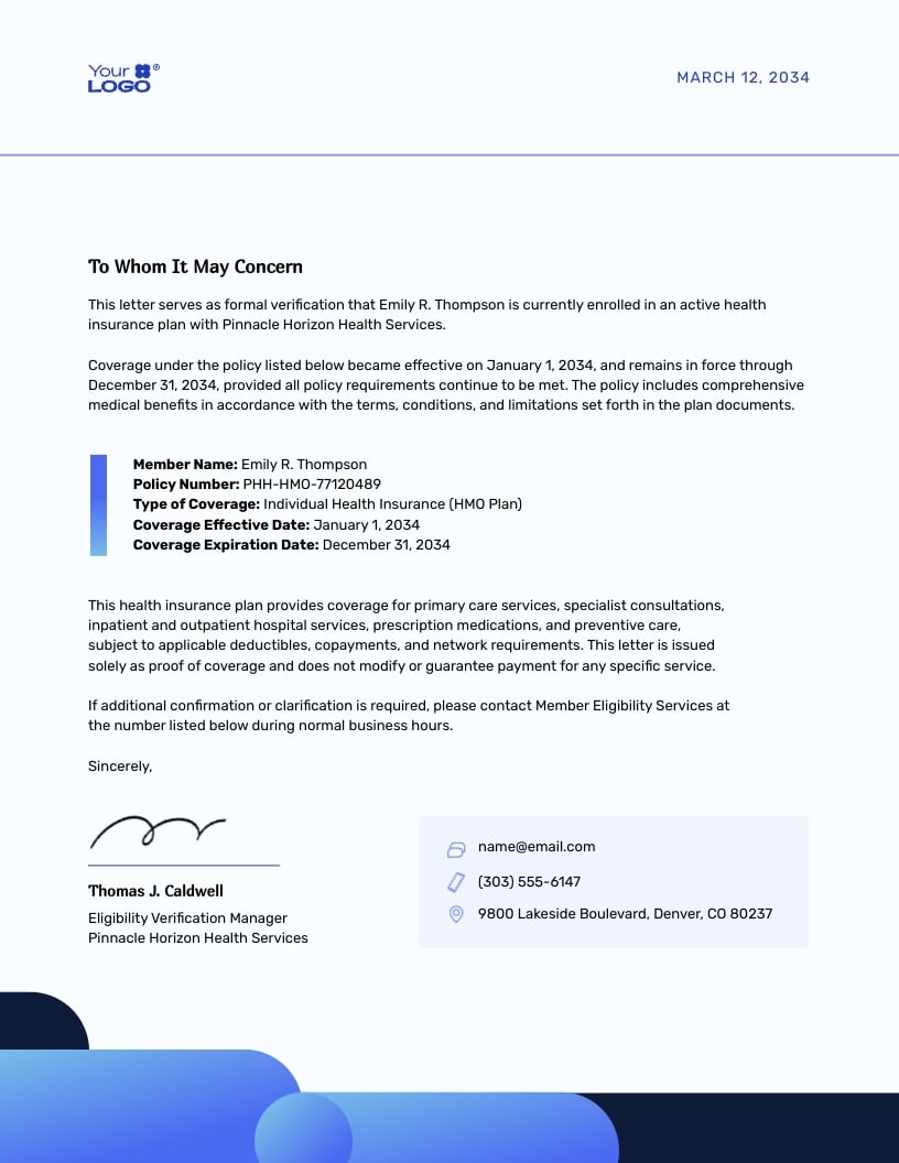 Proof of Health Insurance Coverage Letter Template