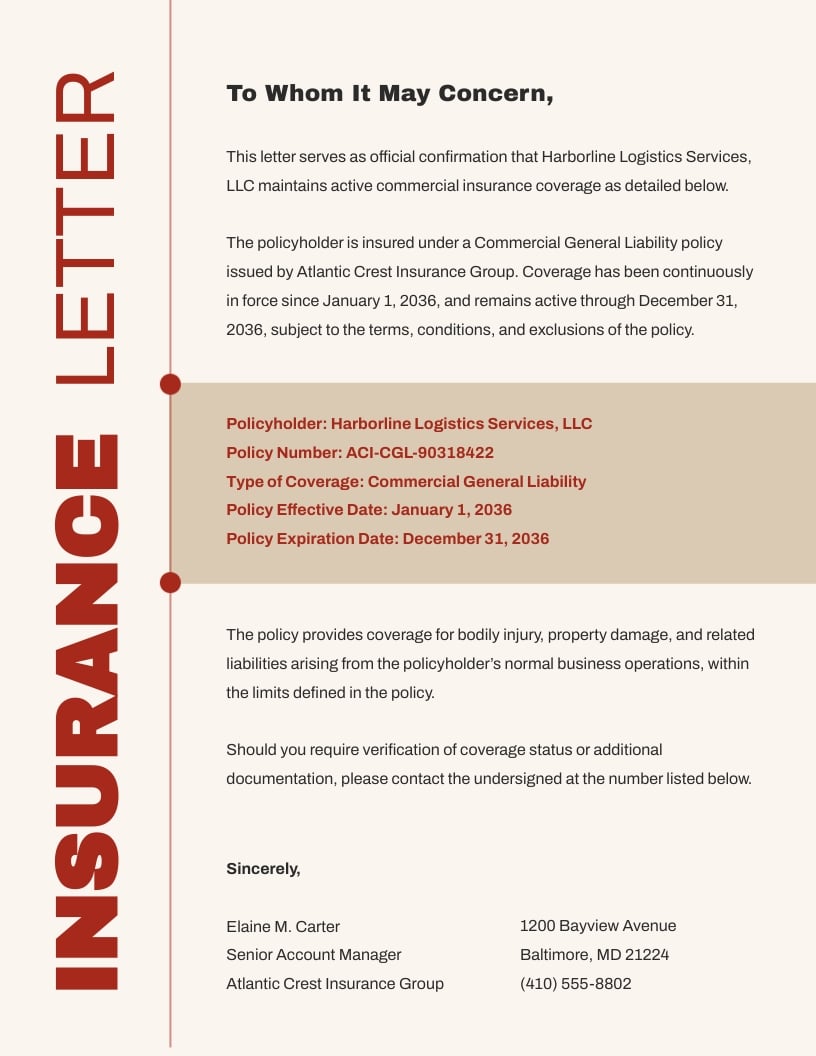 Proof of Insurance Letter Template