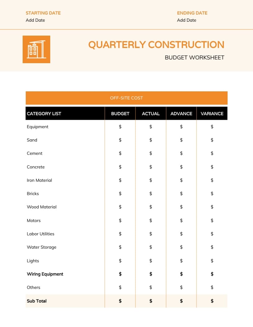 Quarterly Construction Budget Worksheet Template - Slide 2 Quarterly Construction Budget Worksheet Template - Slide 2