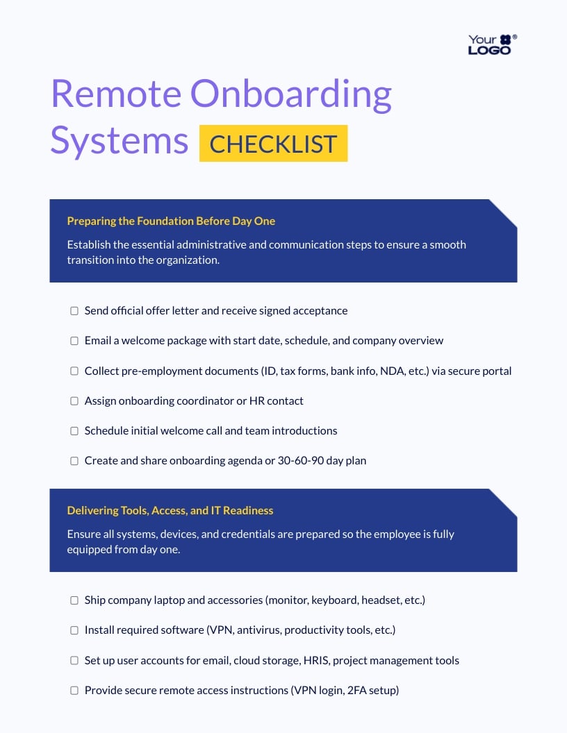 Remote Onboarding Systems Checklist Template