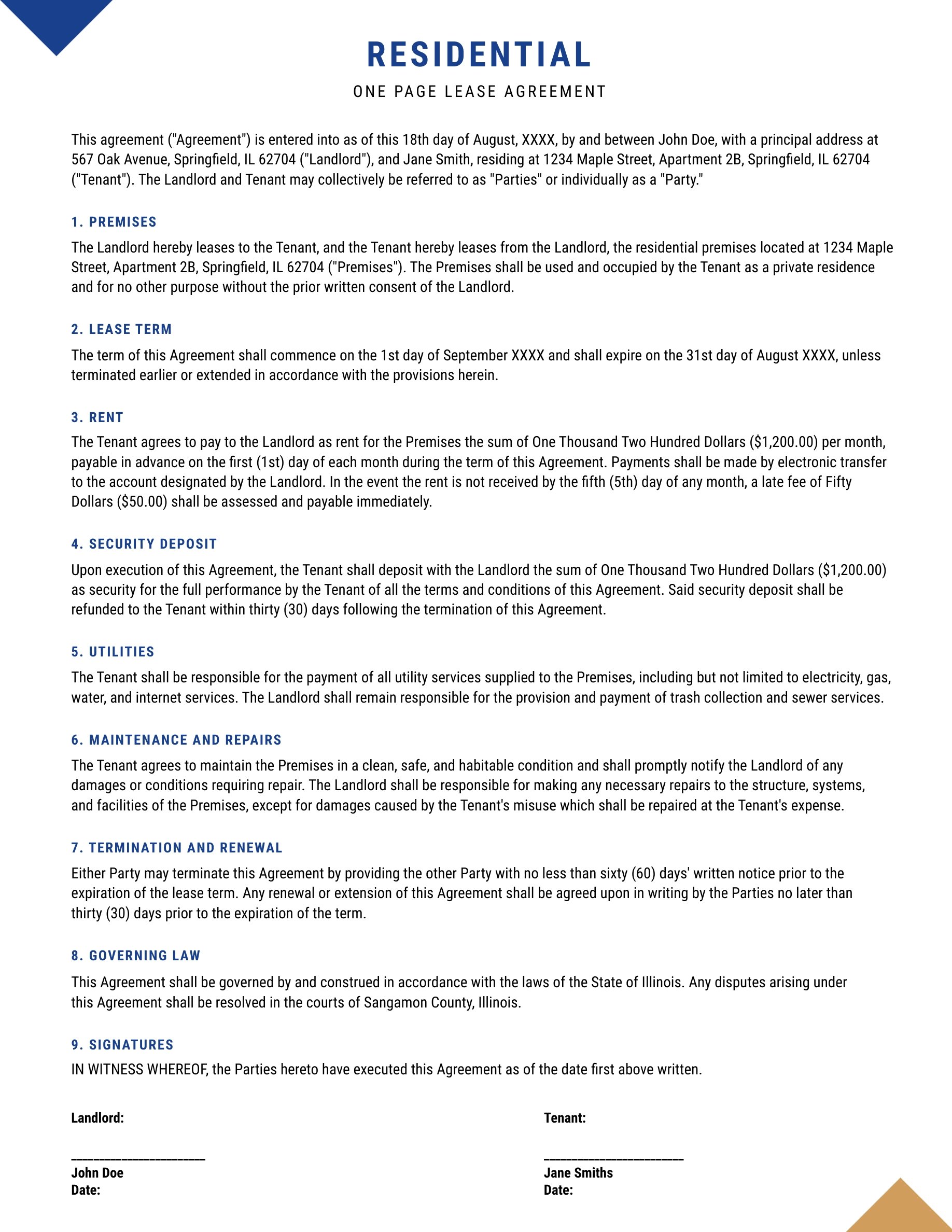 Residential One Page Lease Agreement Template Residential One Page Lease Agreement Template