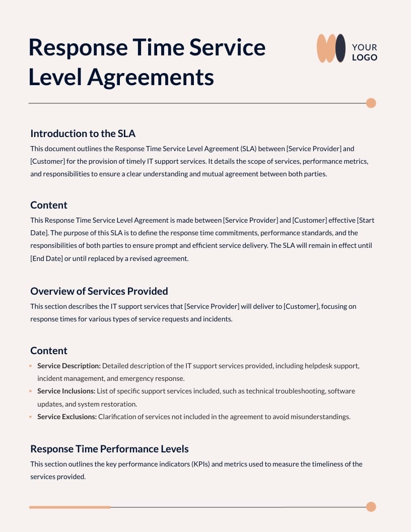 Response Time Service Level Agreement Template Response Time Service Level Agreement Template