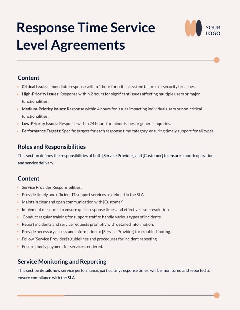 Response Time Service Level Agreement Template - Slide 2 Response Time Service Level Agreement Template - Slide 2