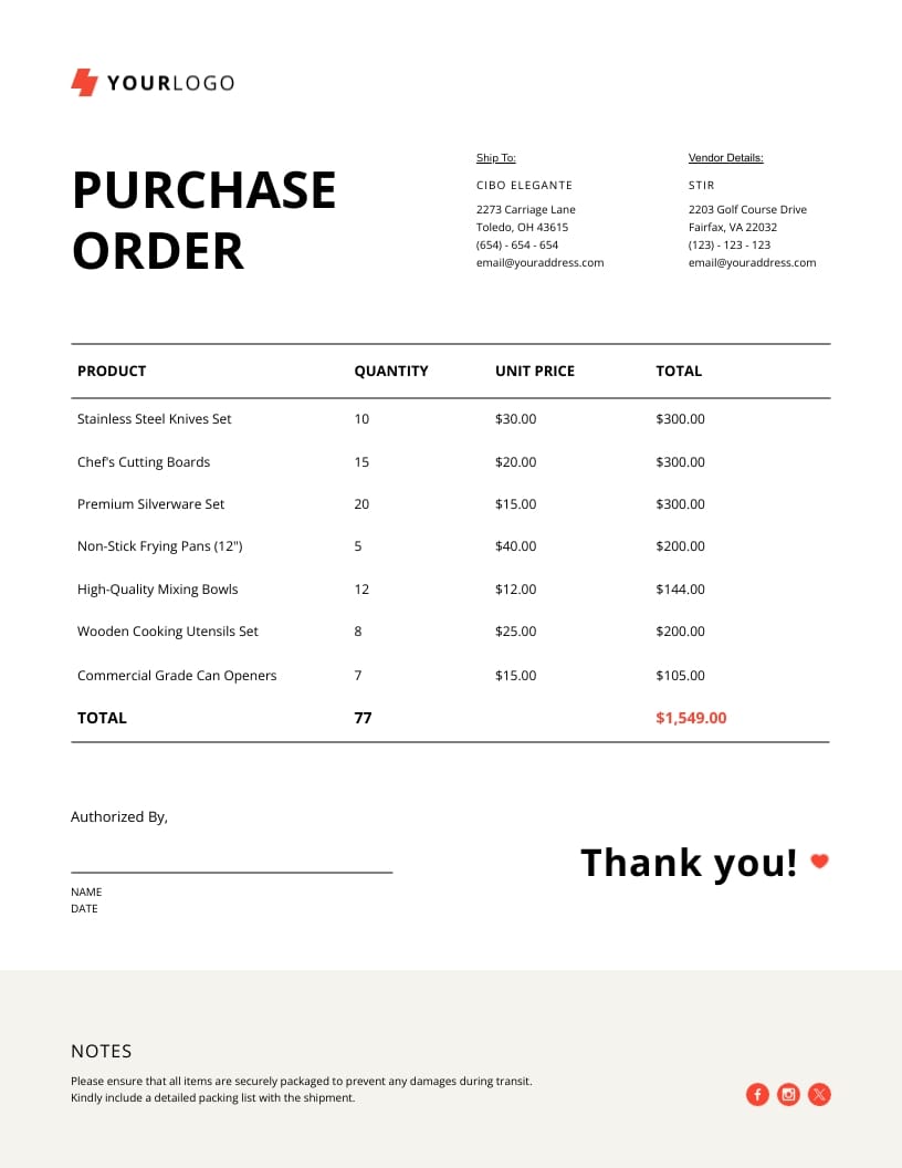 Restaurant Purchase Order Template