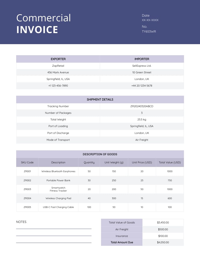 Retail Commercial Invoice Template