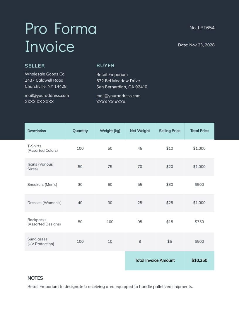 Retail Pro Forma Invoice Template