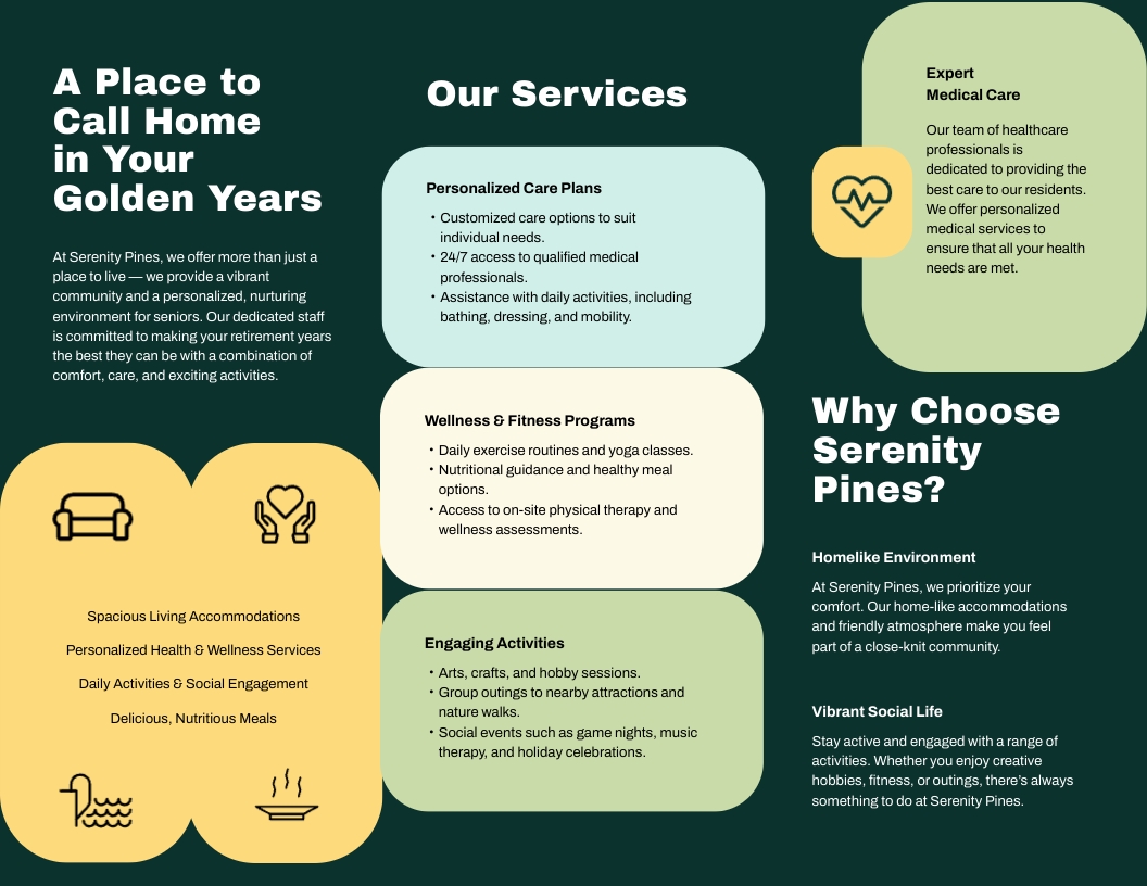 Retirement Home Trifold Brochure Template | Visme