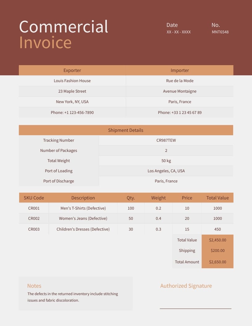 Returns Commercial Invoice Template