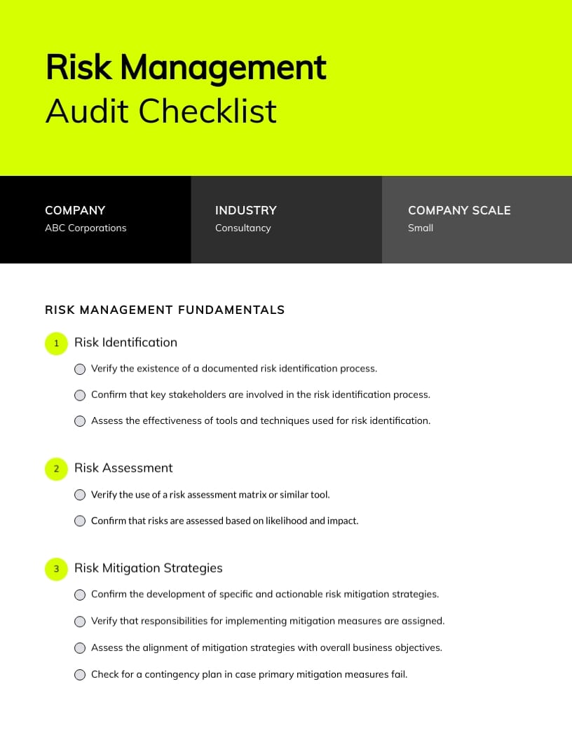 Risk Management Audit Checklist Template