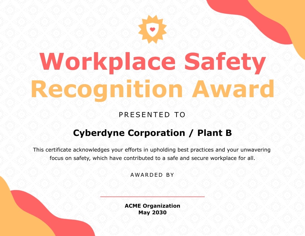 Safety Excellence Recognition Certificate Template