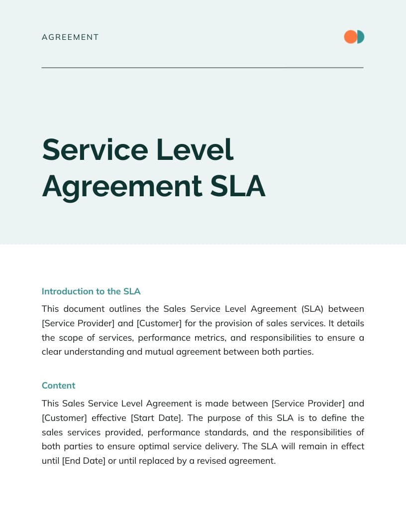 Sales Service Level Agreement SLA Template Sales Service Level Agreement SLA Template