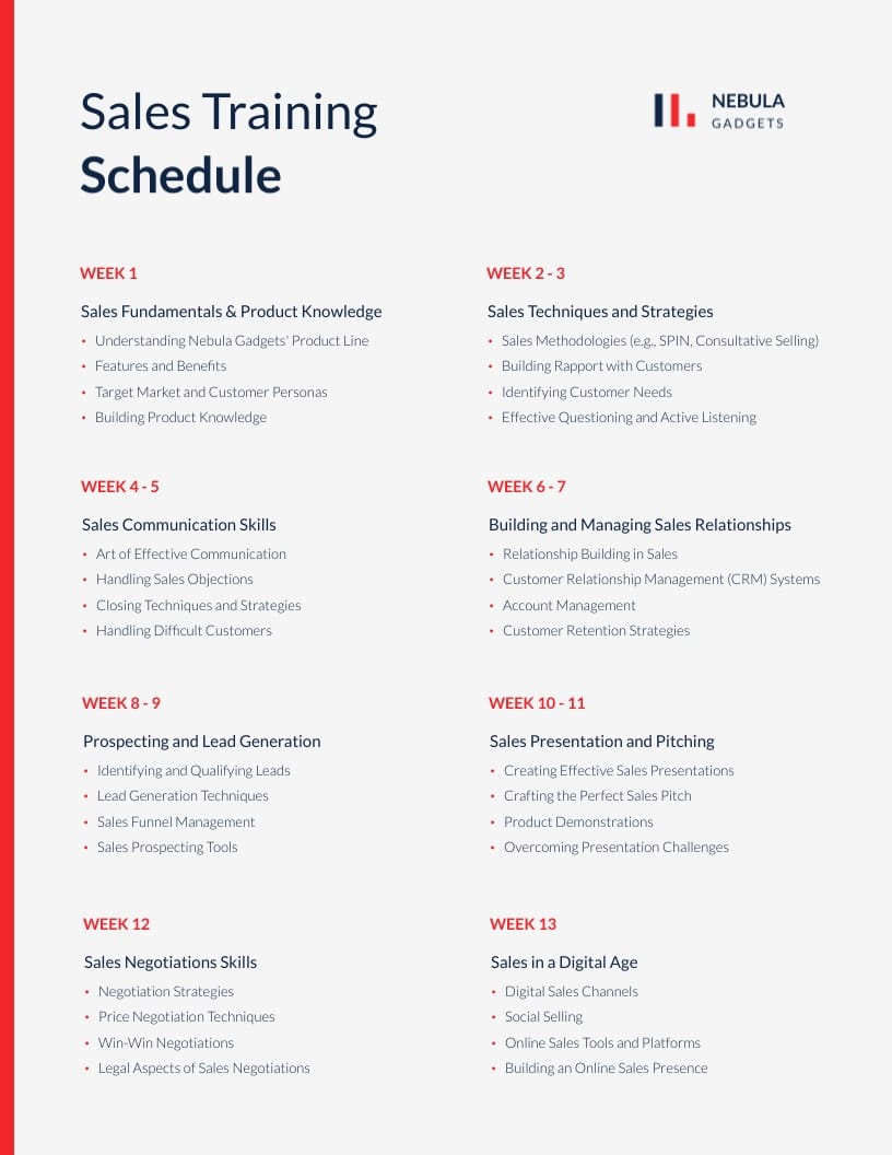 Sales Training Schedule