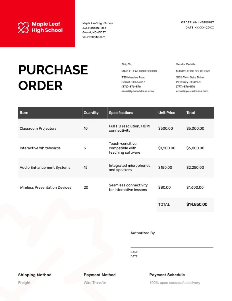 School Purchase Order Template