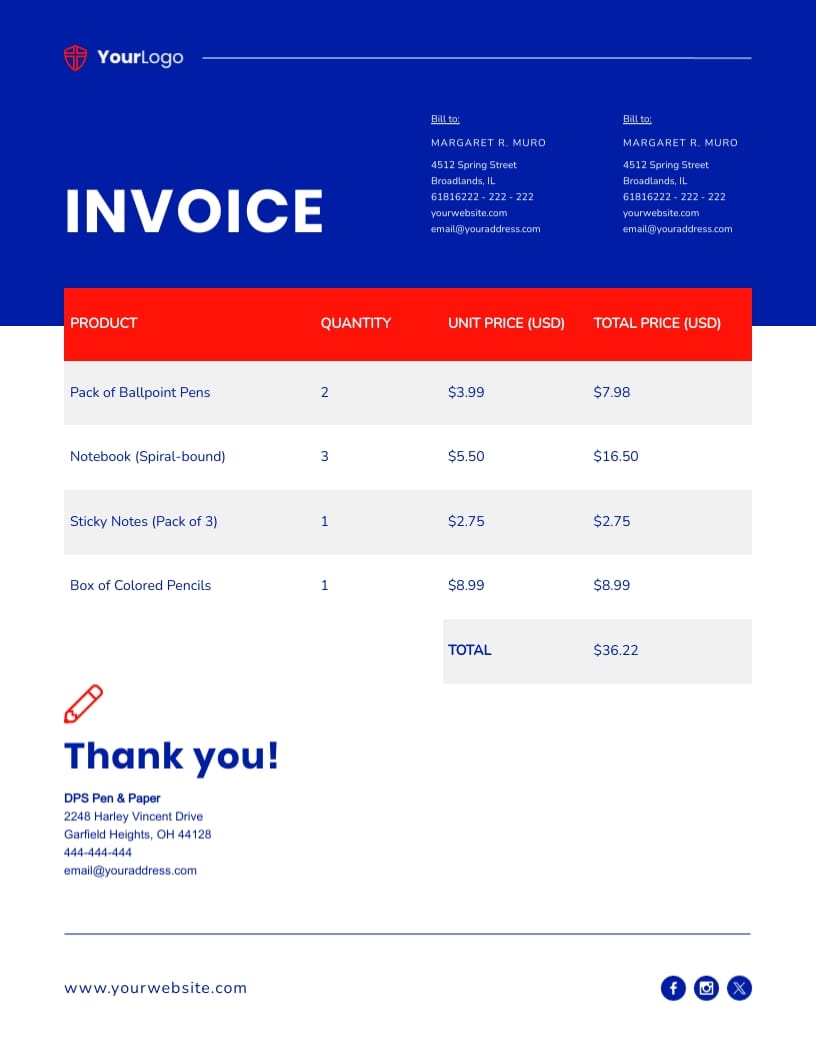School Supplies Invoice Template