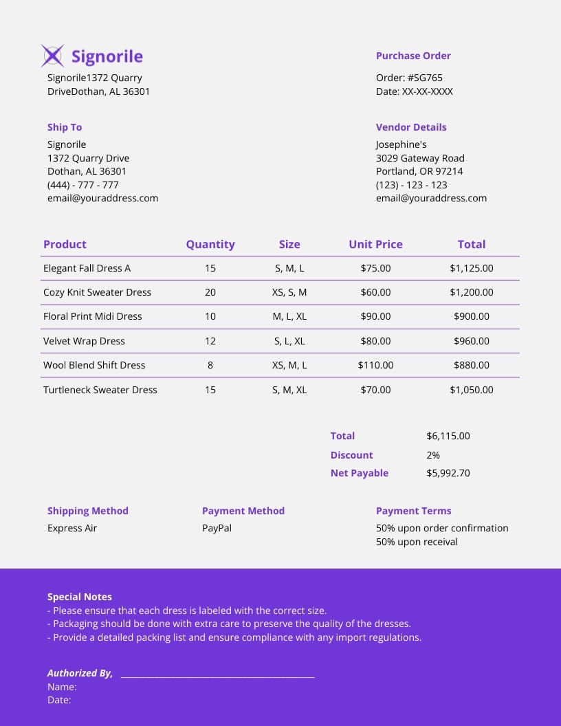 Simple Retail Purchase Order Template