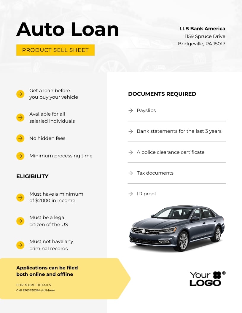 Sleek Auto Loan Product Sell Sheet Template