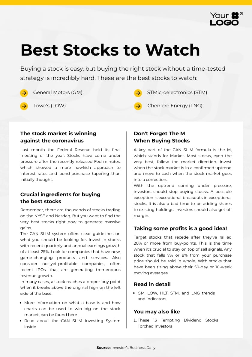 Sleek Best Stocks to Watch Newsletter Template
