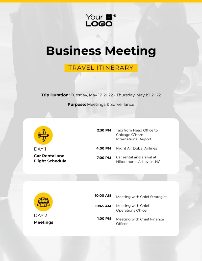 Sleek Business Meeting Travel Itinerary Template