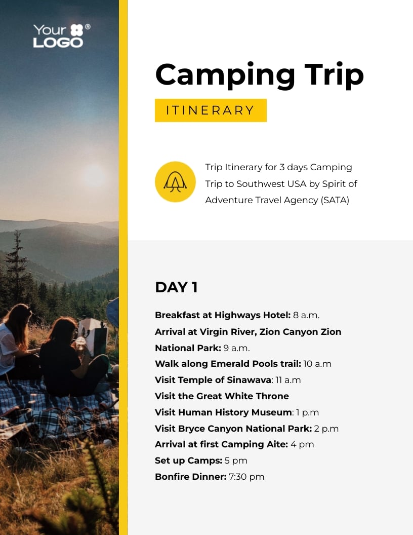 Sleek Camping Trip Itinerary Template