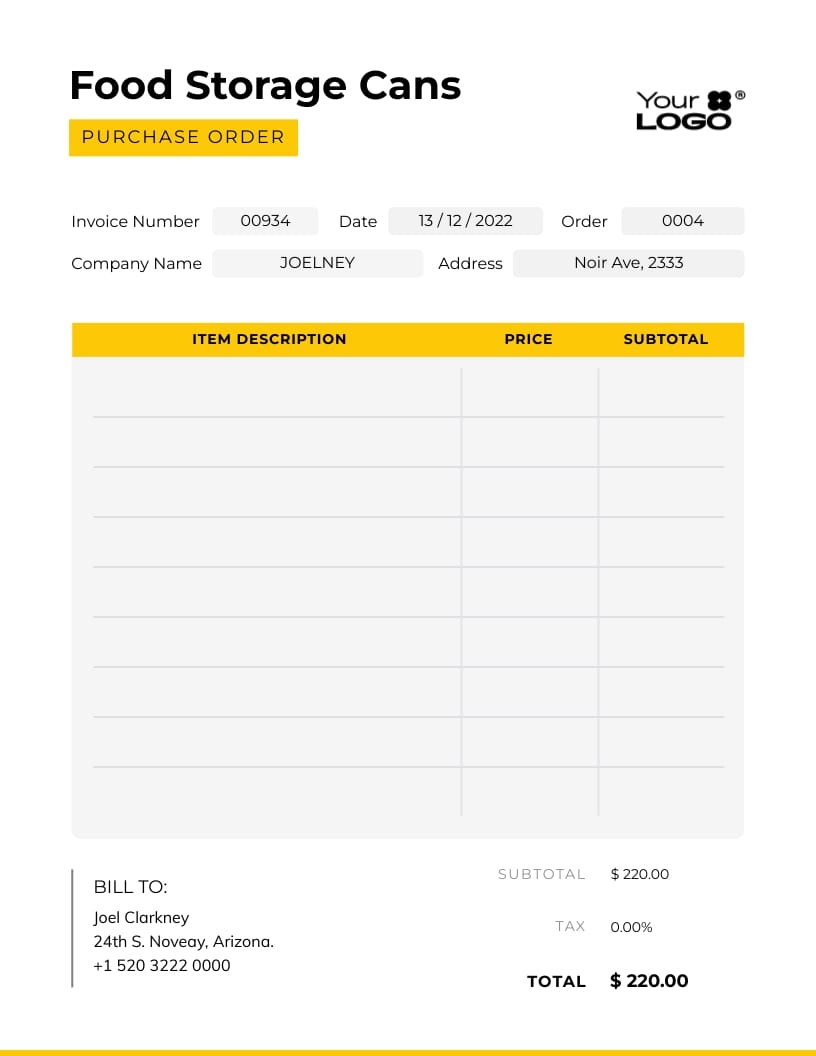 Sleek Food Storage Cans Purchase Order Template